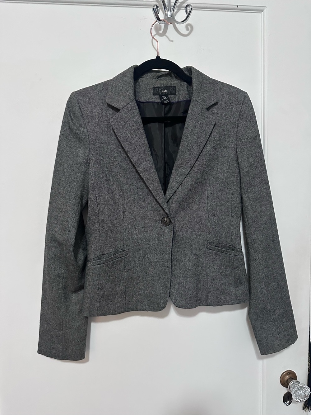 H&M wool blend heathered gray one-button double breasted cropped blazer -6